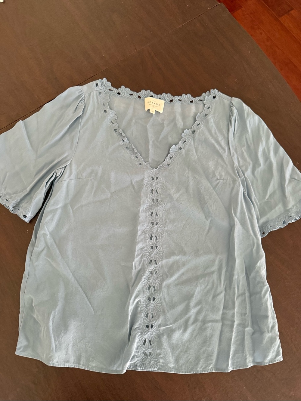 Sezane Silk Powder Blue Floral Lace V-Neck Blouse